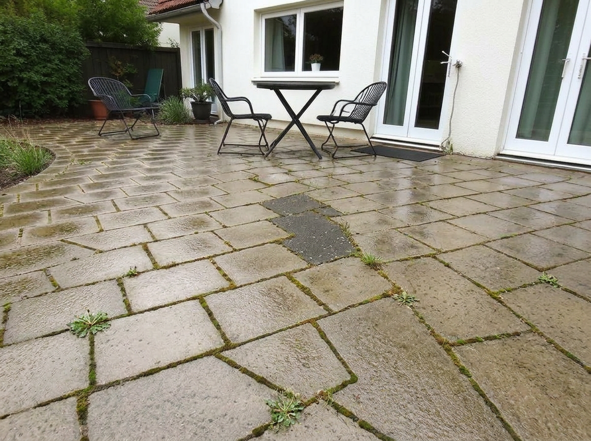 Terrasse vor der Reinigung – Moos und Algen zwischen den Fugen